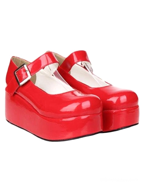 Red glossy Lolita platform Mary Jane shoes front three-quarter view paired thick platform soles round toe design