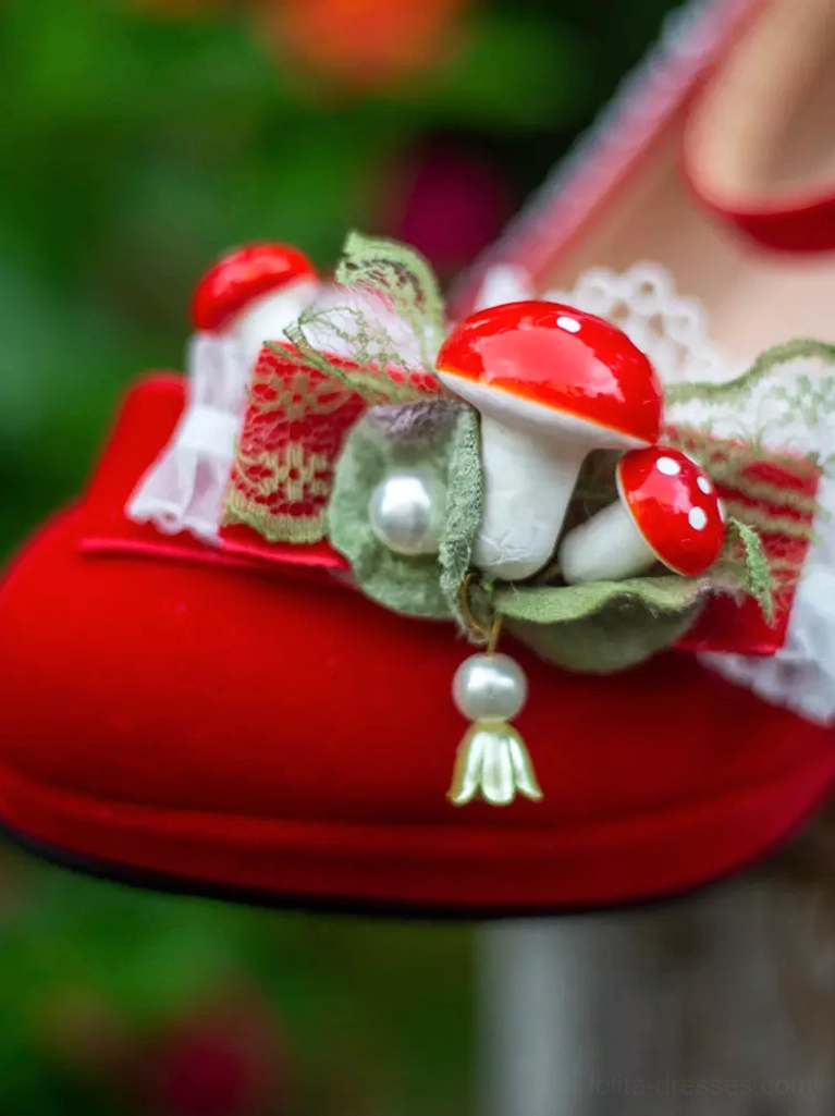 single red lolita platform shoe front close-up view 3D mushroom decor lace ribbon pearl pendant chunky block heel red velour