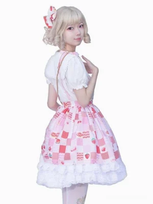 Lolita suspender skirt back three-quarter view white studio background blonde model matching hair bow white lace trim ruffles