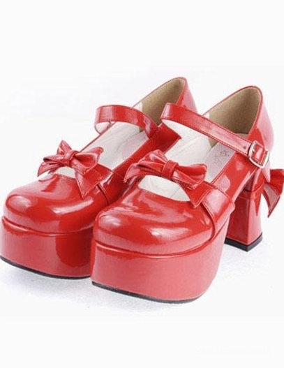 Red glossy lolita Mary Jane platform heels with decorative vamp bow ankle strap buckle and platform sole side-front pair view
