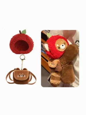 Complete red panda accessory set including removable red fuzzy apple hat and brown mini plush coin purse, displayed in studio flat lay style
