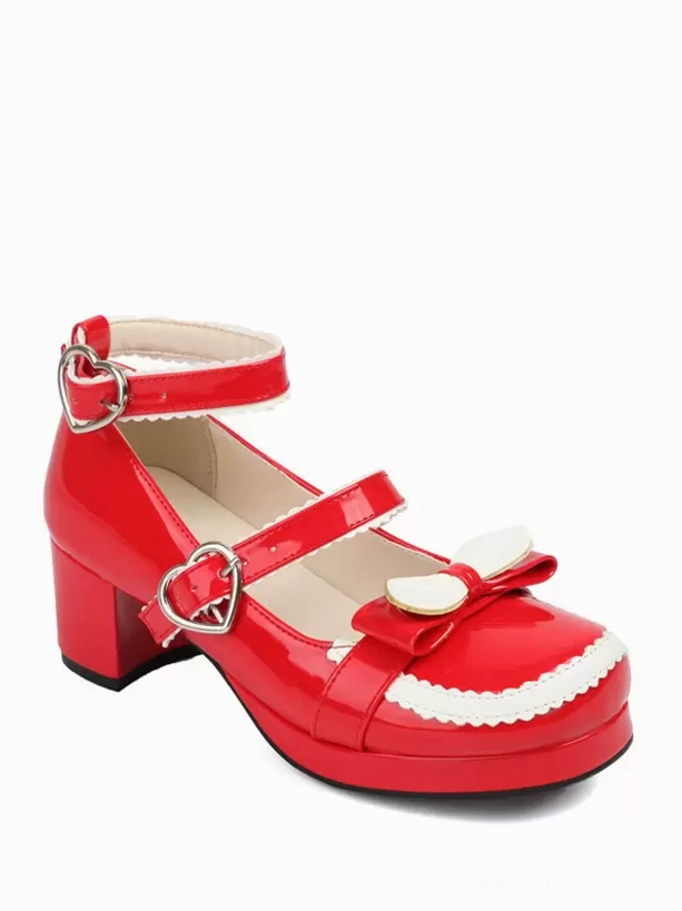 Red patent leather sweet lolita chunky block heel pumps with heart buckles decorative bow and scalloped trim static side close-up