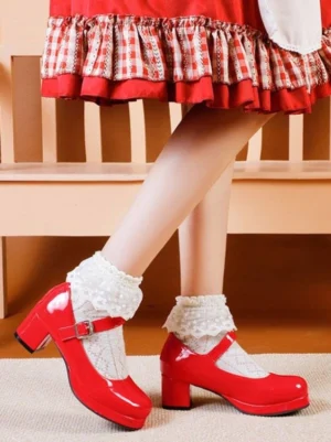 Red patent Mary Jane Lolita pumps side rear view showcasing block chunky heel and adjustable ankle strap with model in gingham Lolita coordinate