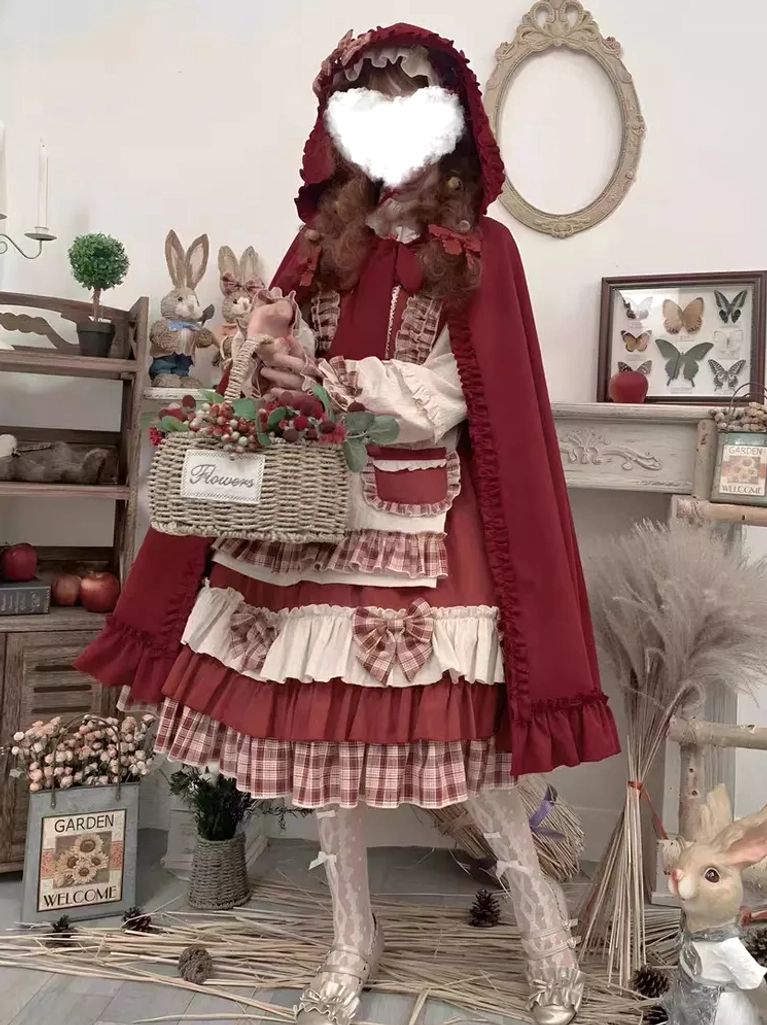 Red plaid sweet Lolita dress with hooded cape set full front view featuring wine-red ruffled skirt and lace-up bodice