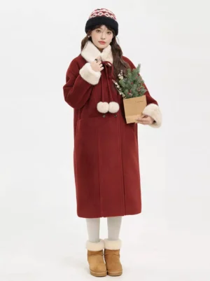Red pom-pom lolita overcoat full-body front view with fuzzy white collar and cuffs, worn with knit beanie