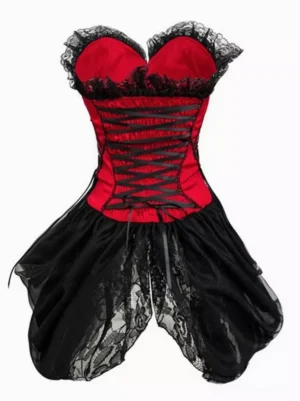 Steampunk-inspired red satin corset dress with heart-shaped neckline, black lace trim, front lace-up bodice and black tulle skirt - vintage gothic lolita style
