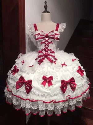 Red sweet lolita bridal dress sleeveless with bow ruffles on dress form front flat display showing lace-up bodice and fluffy ruffled skirt