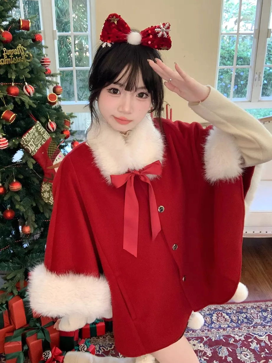 Red Sweet Lolita Christmas cape coat front flat lay view featuring white fuzzy collar trim red front bow white pom pom pendants metal buttons