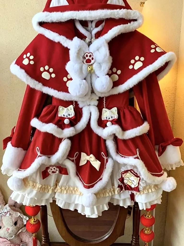 Back full display of red Sweet Lolita Christmas set on dress form showcasing white fur trim, cat paw print embroidery, cat badge decoration, and complete three-piece ensemble components