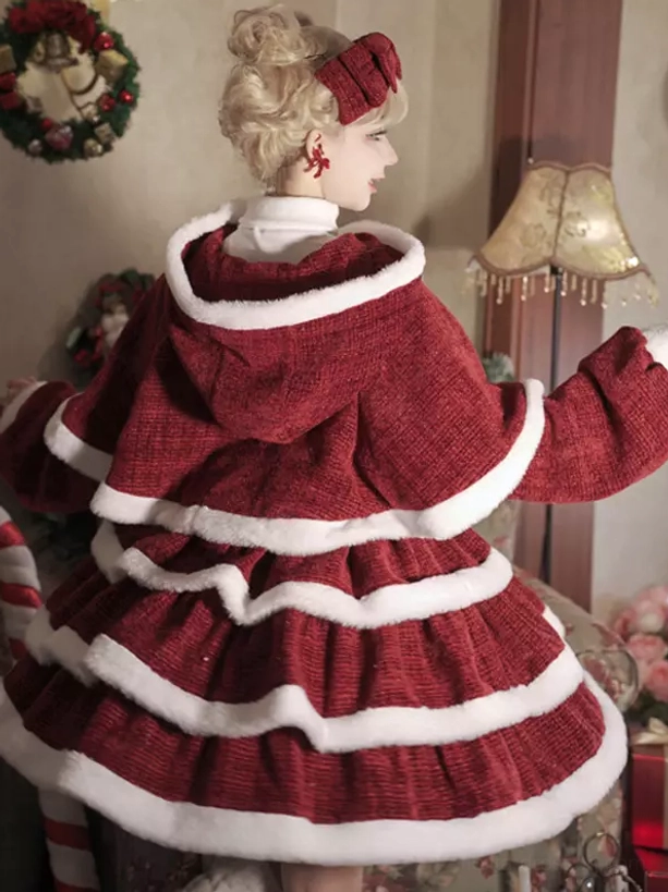 Red sweet lolita Christmas dress cape bowknot set product detail showing craftsmanship ruffles and embellishment quality