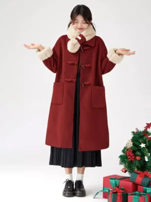 Red sweet lolita Christmas overcoat front view with faux fur collar, horn toggle buttons, and festive Christmas tree with gift boxes background