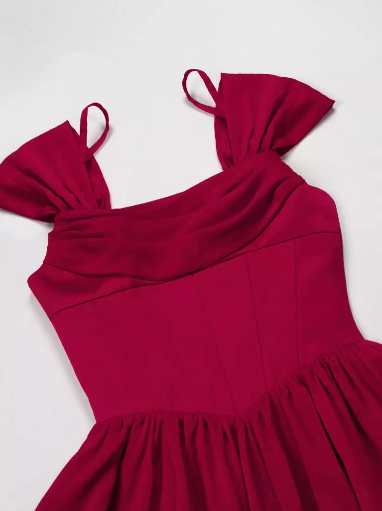 Close-up detail of red sweet Lolita dress bodice showing flutter ruffled straps, square neckline, satin smooth fabric texture and corset construction