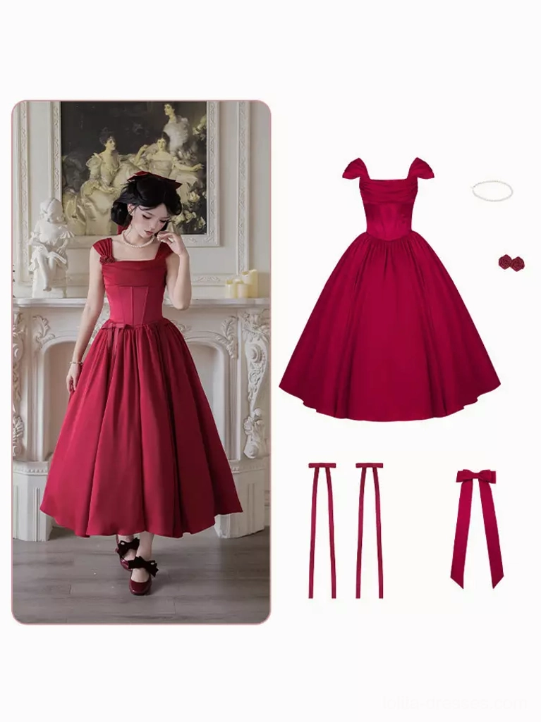 Red sweet Lolita dress complete set flat lay showing main dress with flutter straps, extra accessories including bows, earrings and replacement straps