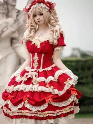 Red sweet Lolita dress front three-quarter view showing tiered ruffled skirt, short puffed sleeves, and coordinating red bows on model in outdoor garden setting