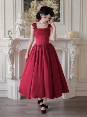 Red vintage sweet Lolita princess dress three-quarter front angle showcasing structured bodice, elegant proportions and matching accessories