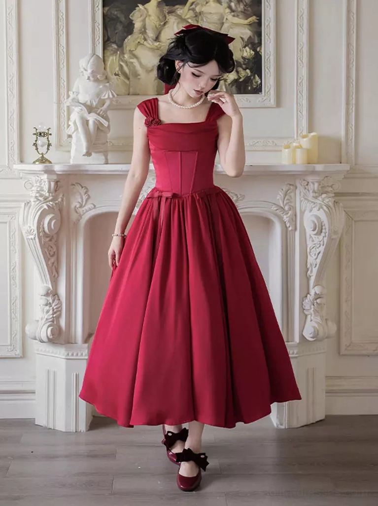 Red vintage sweet Lolita princess dress three-quarter front angle showcasing structured bodice, elegant proportions and matching accessories