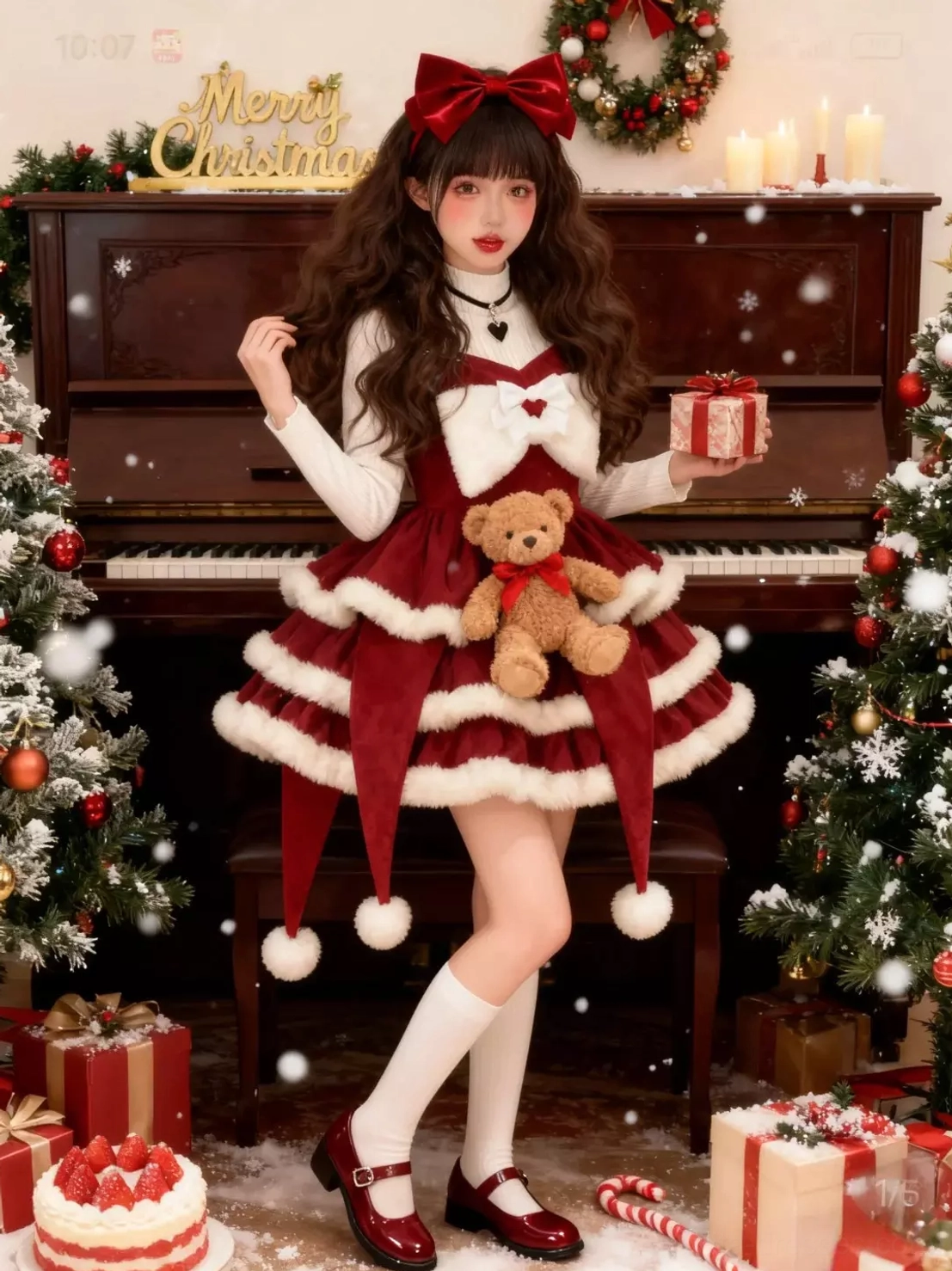 Sweet lolita Christmas dress on model side view pose with gift box teddy bear accessory in piano studio holiday scene