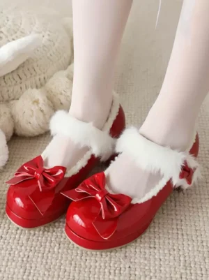 Red patent leather sweet lolita mary jane platform heels with fuzzy ankle collar and bow embellishment top-down view