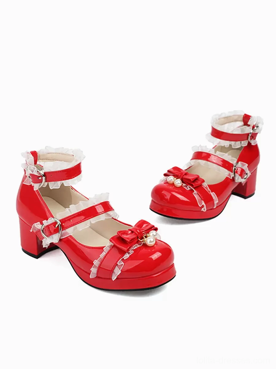 Red Sweet Lolita Mary Jane pumps with red pearl-adorned bow and ruffled red straps, top-down still-life shot of glossy red PU leather shoe design