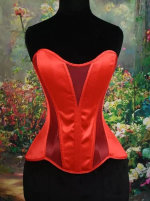 Sweetheart satin overbust corset with deep red color and V-shaped mesh inset front view on dress form