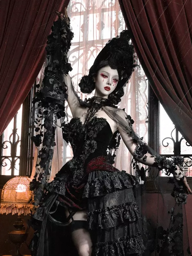 Red velvet gothic lolita corset bustier beaded lace-up front detail close-up texture view