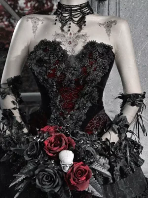 Red velvet gothic lolita corset bustier with black lace beading sweetheart neckline front close-up view