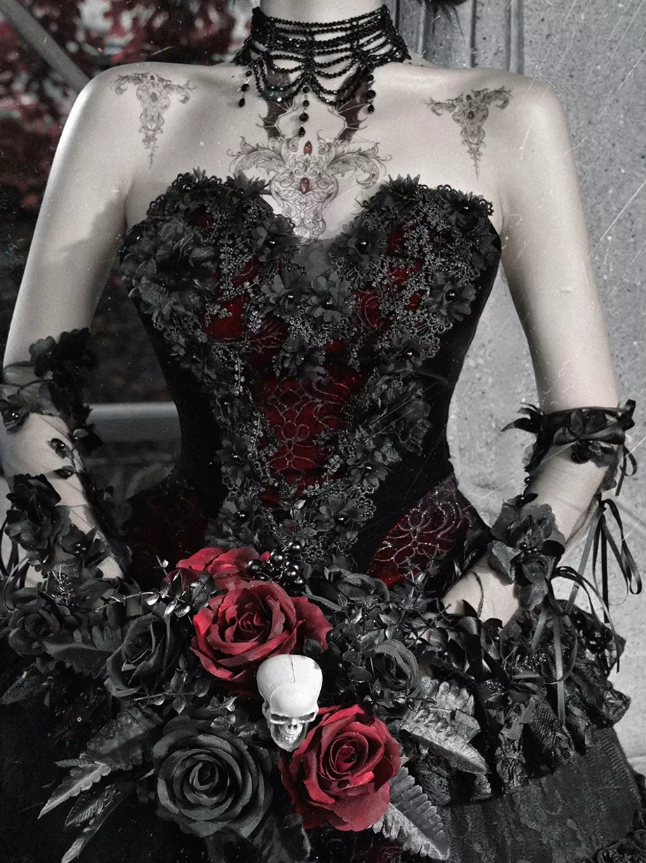 Red velvet gothic lolita corset bustier with black lace beading sweetheart neckline front close-up view