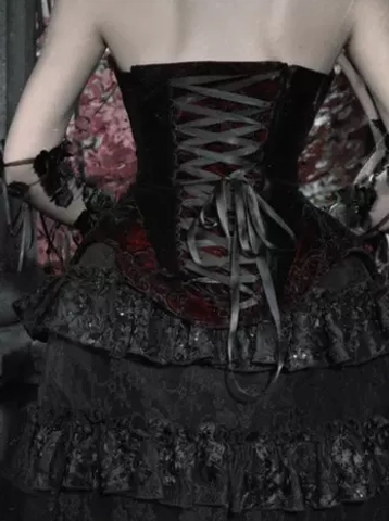 Red velvet gothic lolita corset bustier beaded black lace sweetheart neckline sleeveless flat lay styling view