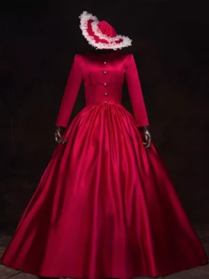 Red Victorian Gothic Lolita ball gown full back view with ruffled stand collar, long sleeves, floor-length satin skirt, worn with vintage lace gloves and decorative hat