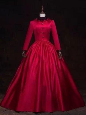 Red Victorian formal Lolita dress front view showcasing decorative buttons, structured bodice, ruffled stand collar, and voluminous floor-length red satin skirt