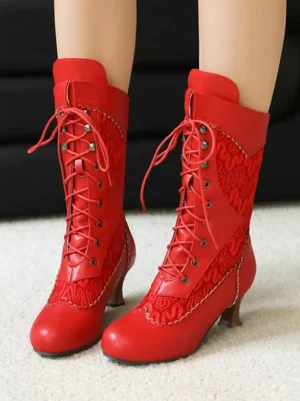 Red vintage lolita boots front direct view pair with embroidered floral lace design and brown kitten heel for classic gothic aesthetic