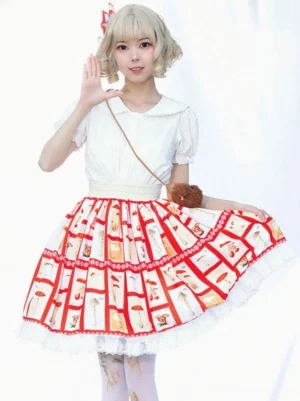 Red and white floral print Lolita skirt front three-quarter view with ruffled hem worn by model with blonde hair