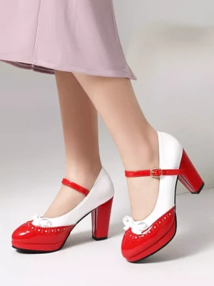 Red and white patent leather Lolita Mary Jane shoes with round toe bow accent and ankle strap buckle rear view