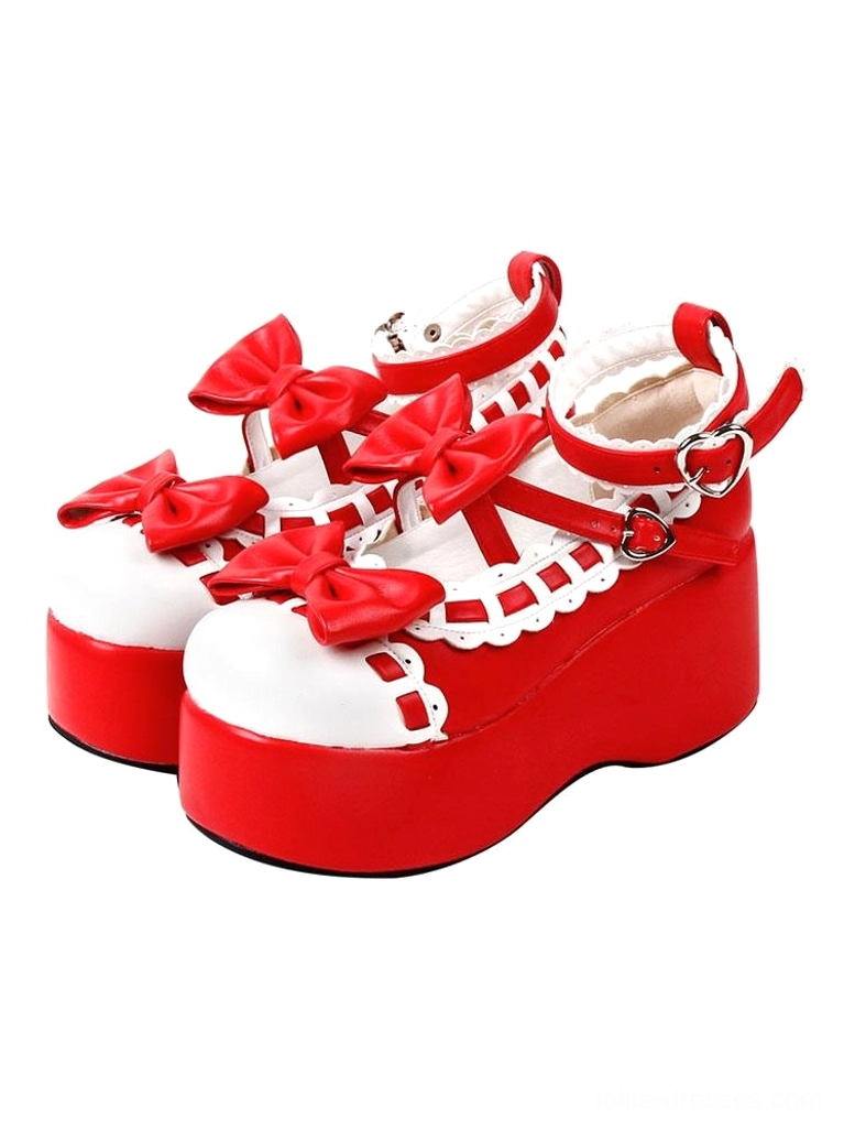 Red and white lolita platform shoes with red bowknots scalloped lace trim heart-shaped ankle buckle