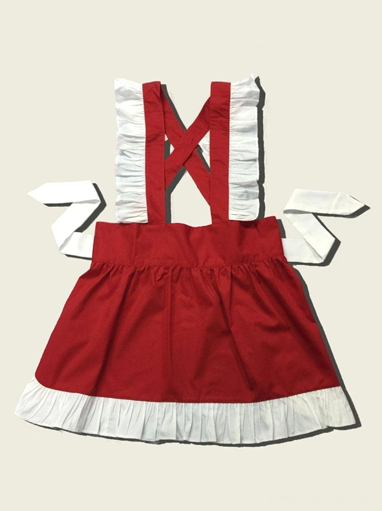 Red and white maid lolita apron flat lay with cross ruffled straps side tie fasteners and white ruffled hem