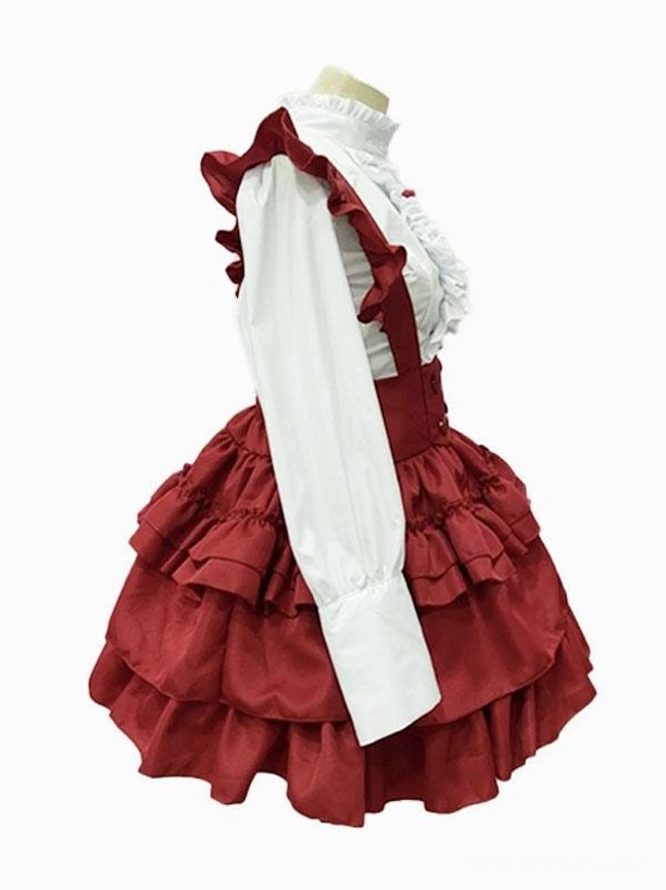 Maid lolita dress right side view showing pinafore element, ruffled shoulder strap, sleeve cuff ruffles, and layered skirt construction on mannequin