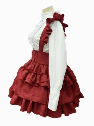 Maid lolita dress left side view displaying voluminous puff sleeves, side silhouette of ruffled skirt, and Victorian waistband detail on mannequin