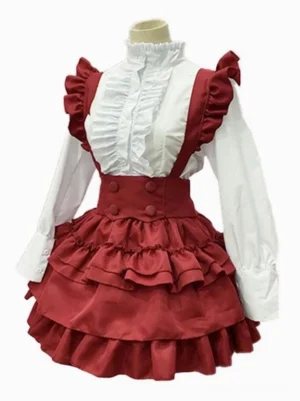 Red and white maid lolita dress front full view showing ruffled stand collar, long puff sleeves, multi-layered ruffled skirt, and Victorian-inspired two-piece construction on mannequin