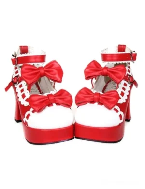 Red and white sweet lolita platform heels with vibrant red bows, decorative lace trim, and heart buckle ankle strap - front pair showcase
