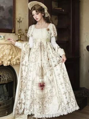 Regency Fairy Lolita dress white empire waist gold cross heart print full front view standing elegant fireplace room