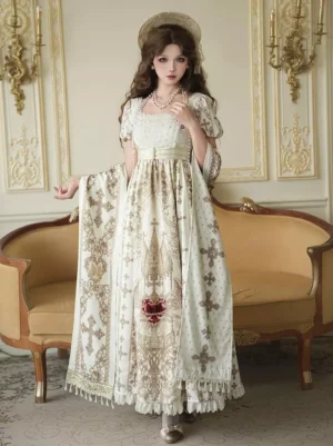 White Regency Lolita dress three-quarter view matching printed shawl retro sofa indoor styling