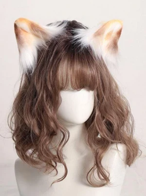 Brown-orange and white gradient plush cat ear hair clip Lolita headdress accessory displayed on mannequin with curly brown wig, front flat view, rococo style headwear