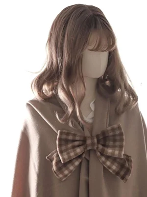 Coffee brown plaid bow shawl lolita accessory side angle view on mannequin with wavy brown hair and solid warm brown shawl pairing