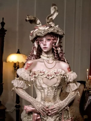 Rococo heart lace corset top ivory boned bustier with pink satin bows front view on model wearing bunny ear hat vintage mansion setting
