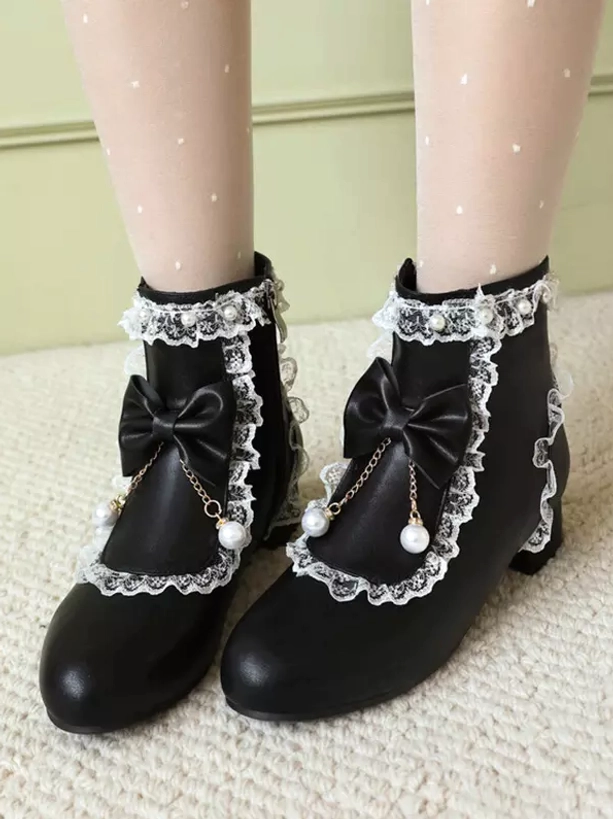 Rococo lolita ankle boots detailed product photography showing embellishment craftsmanship, pearl pendant charms and ruffled lace collar construction