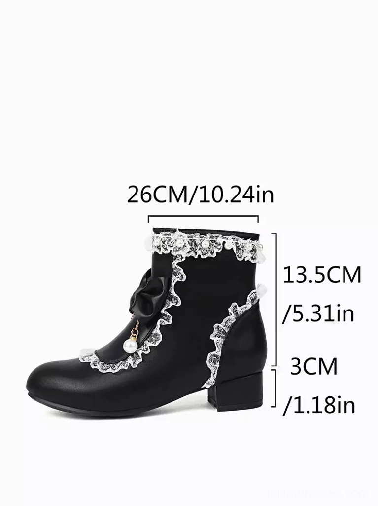 Rococo lolita ankle boots complete style composition featuring white and pink color options with pearl accessories, bows, ruffles and round toe design for sweet lolita fashion