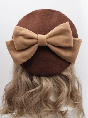 Rococo sweet lolita beret brown felt with tan large bow back view headpiece