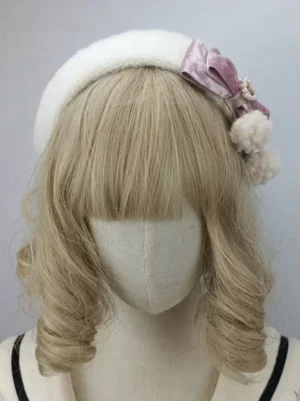 Rococo style Lolita white fluffy beret headdress with pink velvet bow pearl ornament white pom-poms right front angle