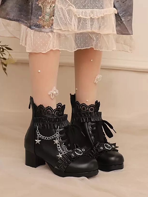 Rococo Lolita ankle boots color comparison showing white, pink, and black options with lace ruffles and star chain details
