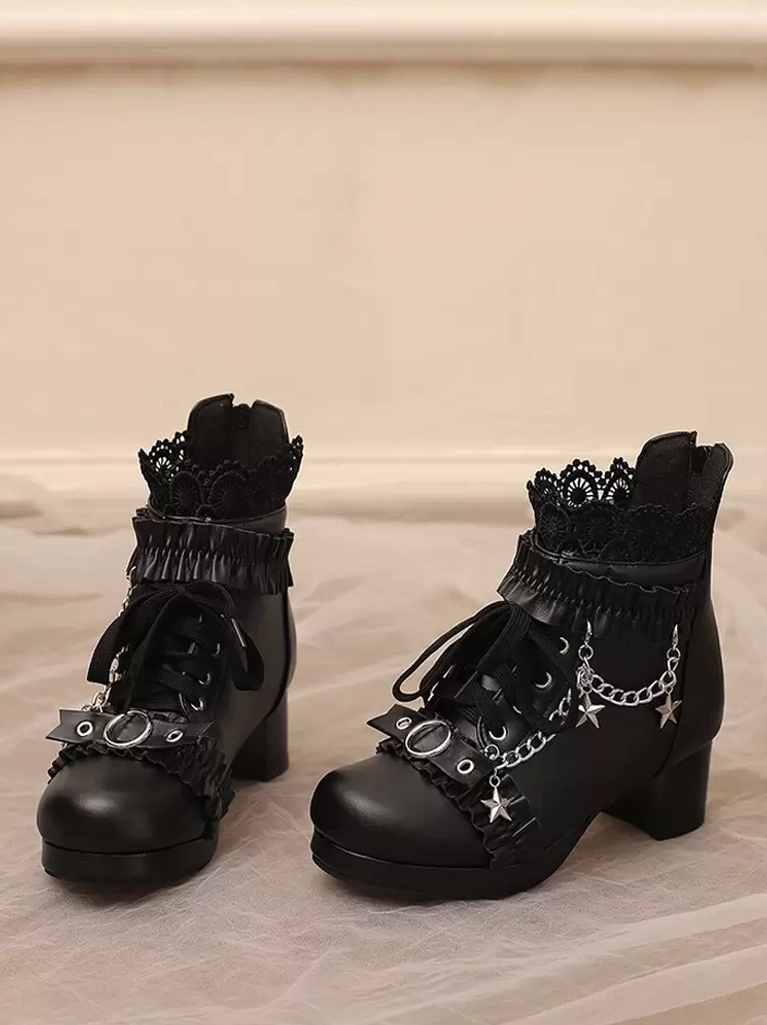 Rococo Lolita ankle boots detailed heel close-up showcasing puppy heel construction, block heel engineering, and sole quality